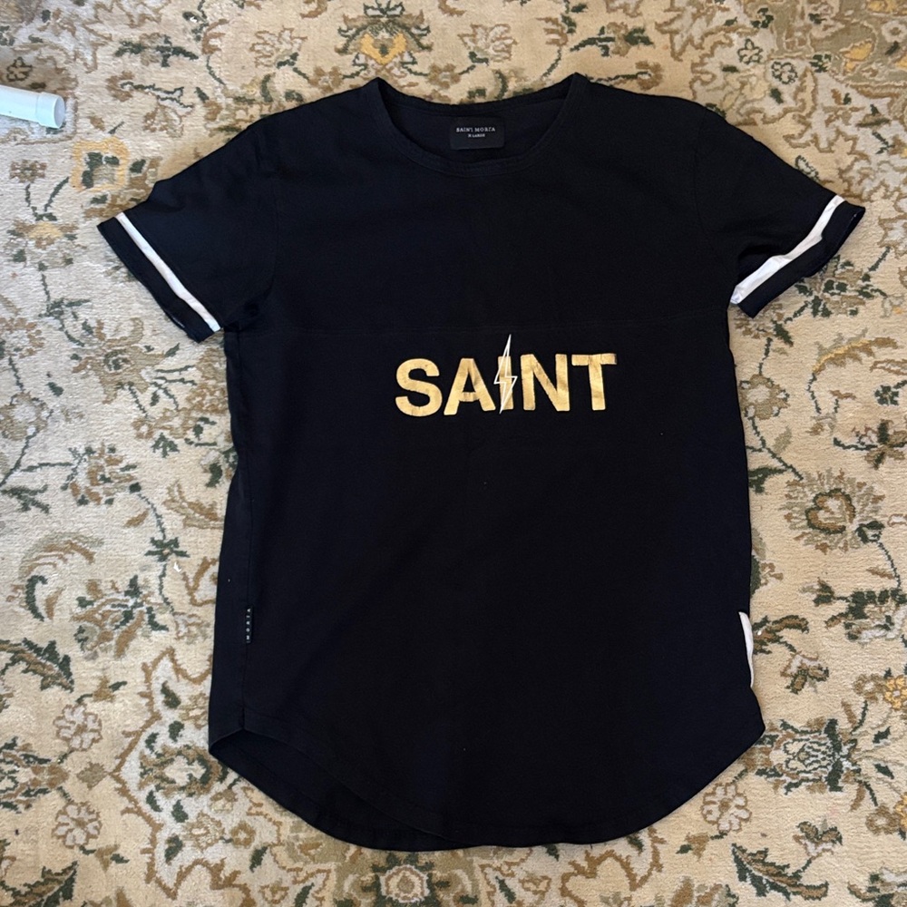 💕Black T-Shirt with Gold 'SAINT' Logo Oversized Mini Dress Grunge Emo